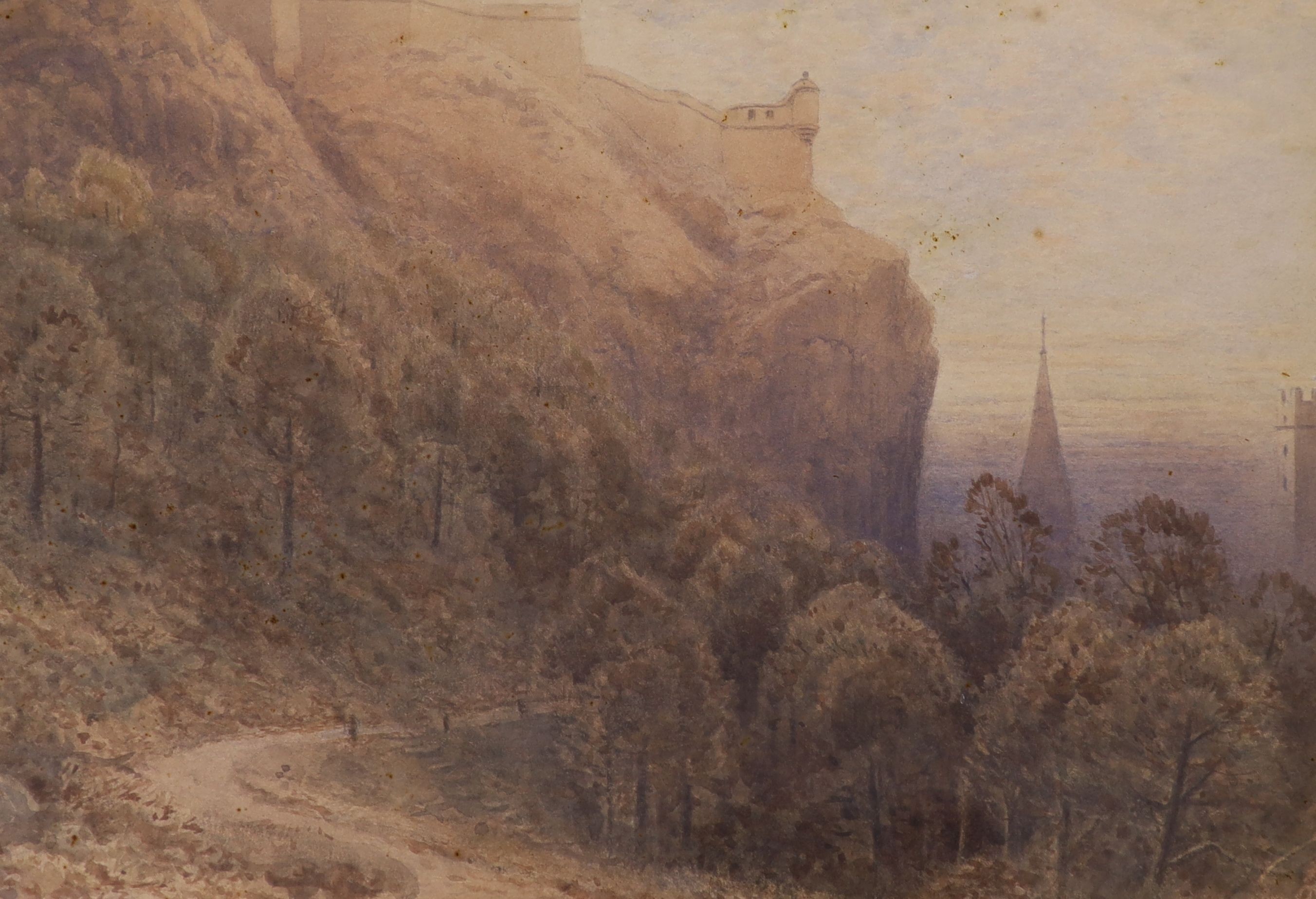 Frederick Tucker (1860-1935), two watercolours, The Castle Road, Edinburgh and a river landscape, both signed, one with artist label verso, 24 x 35cm and 36 x 26cm